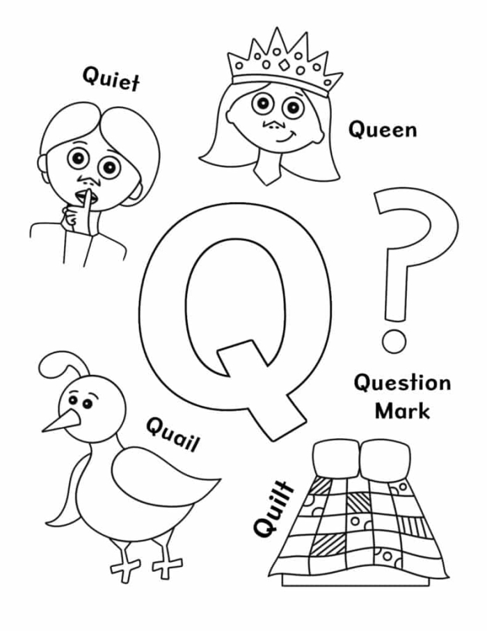 Preschool worksheet featuring fun illustrations to help kids identify words starting with the letter Q