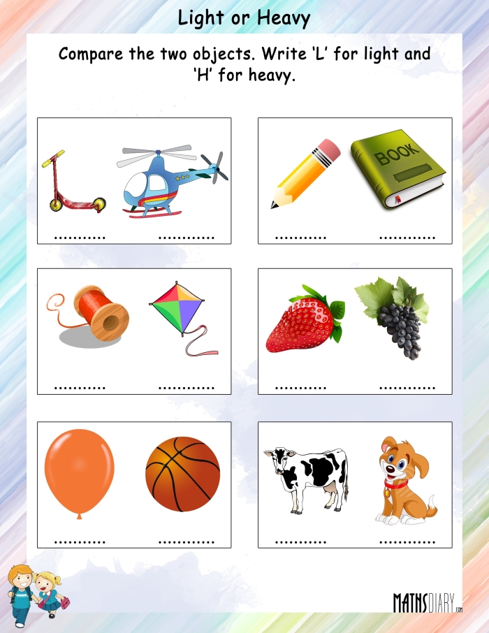 Preschooler completing a printable worksheet about comparing heavy and light objects