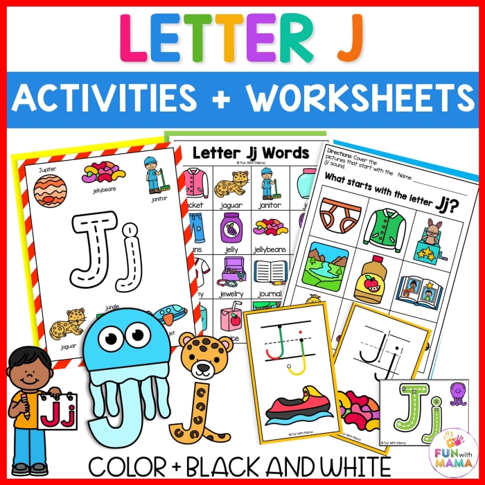Worksheet featuring items that begin with the letter J for preschool learning