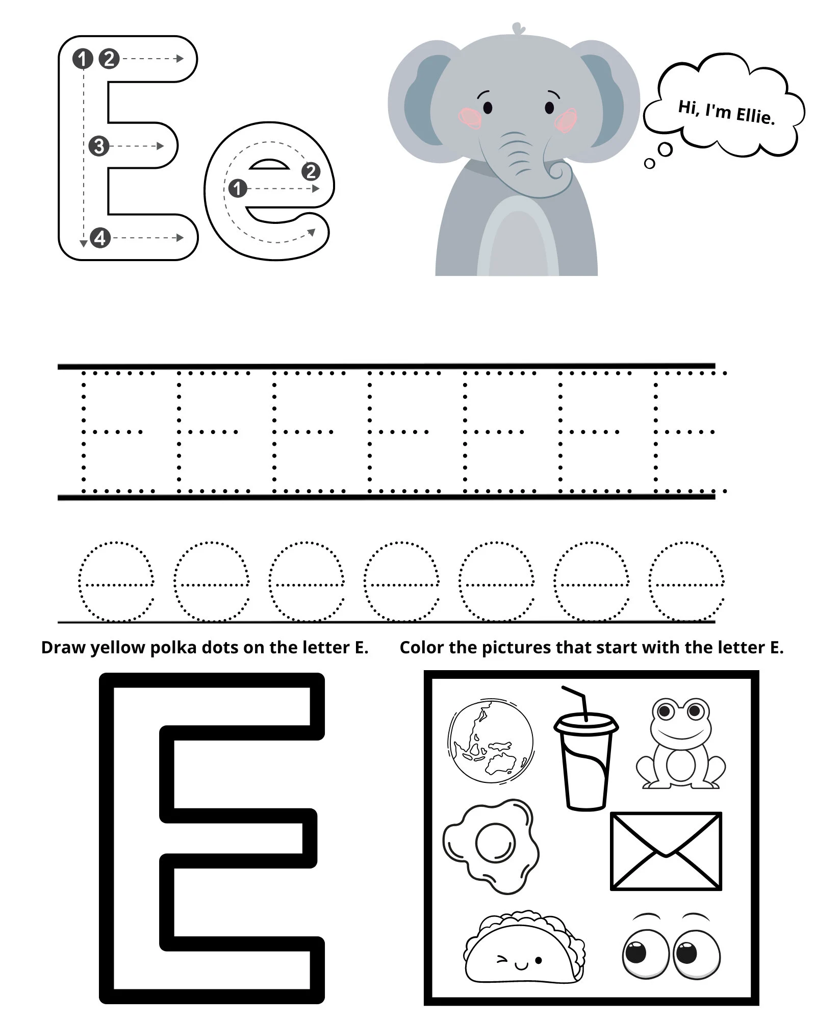Colorful worksheet featuring the letter E designed for preschool reading readiness