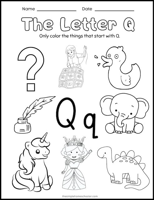 Preschool worksheet featuring a variety of objects and words starting with the letter Q for practice