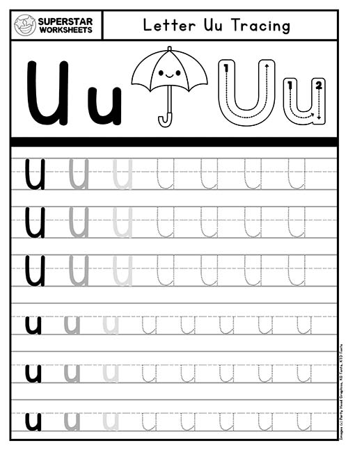Preschooler identifying pictures of objects that begin with the letter U on a printable worksheet