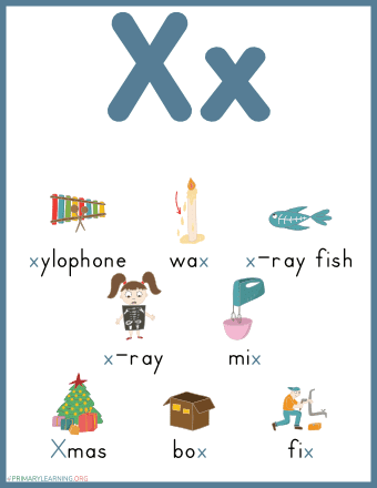 Preschool worksheet featuring pictures for students to identify items beginning with the letter X