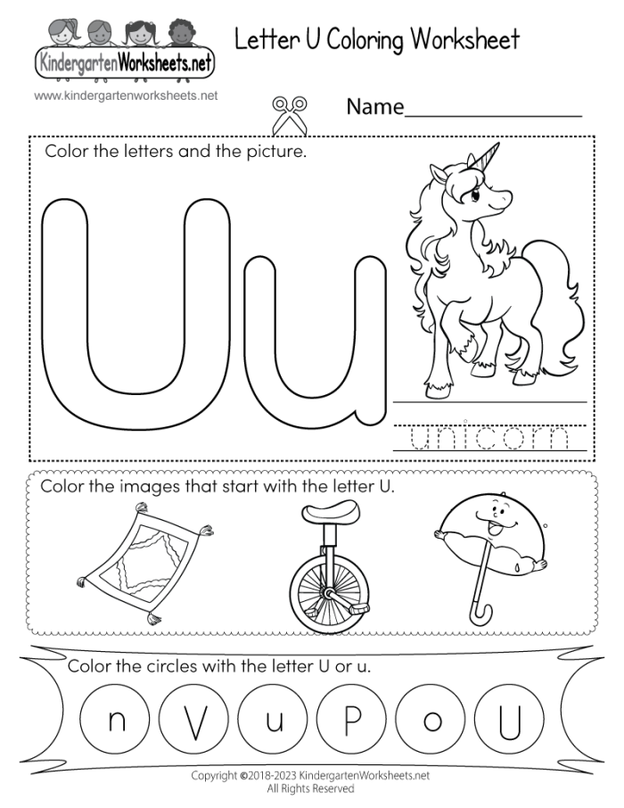 Preschooler filling out a Letter U worksheet featuring vocabulary building activities