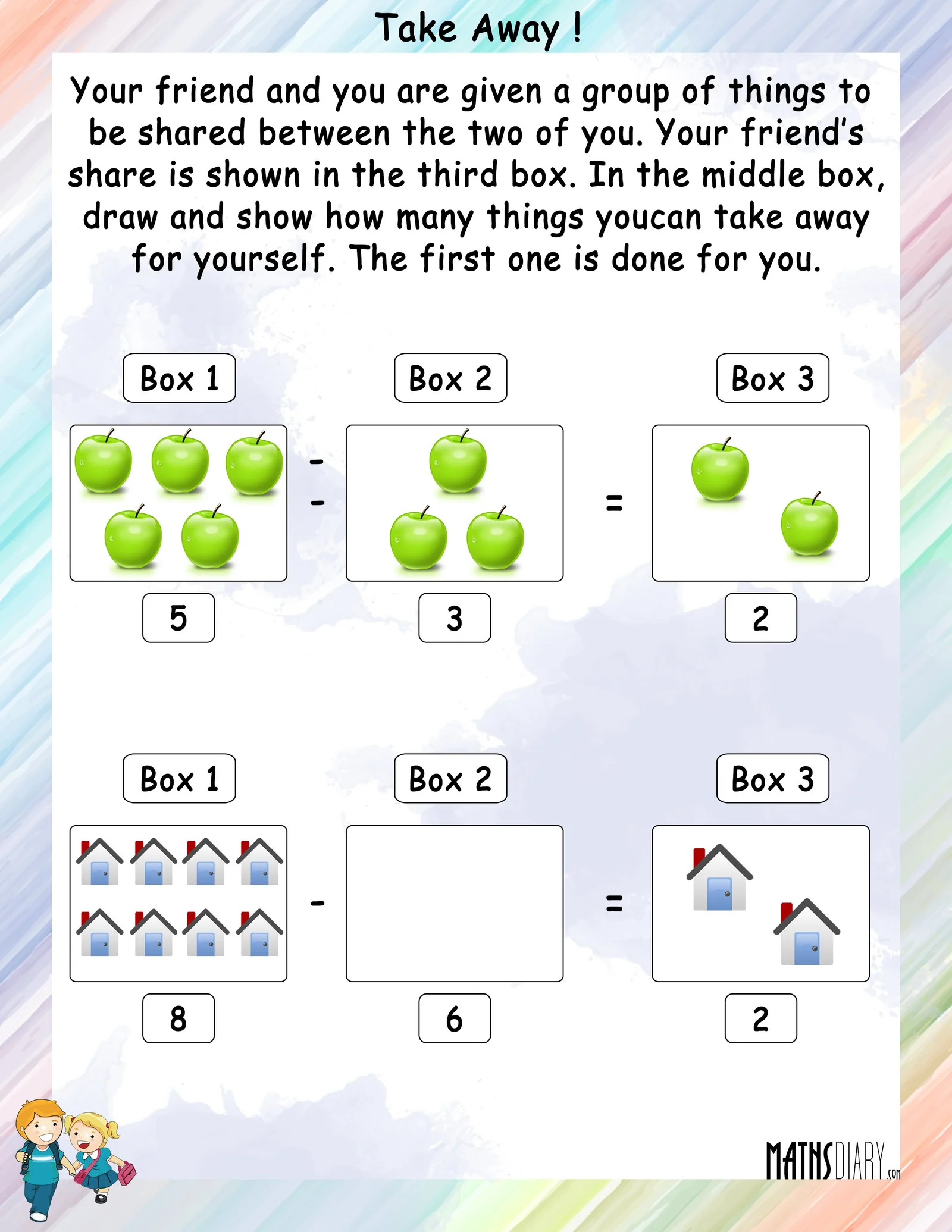 Colorful worksheet featuring preschoolers solving subtraction problems with sweets