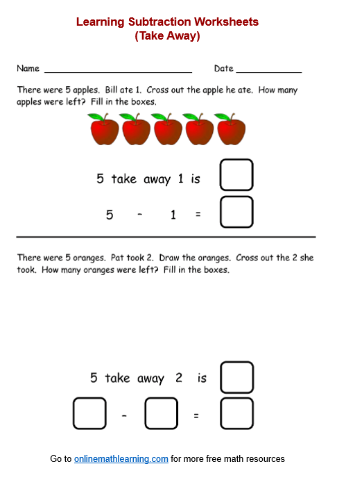 Colorful worksheet featuring preschoolers solving subtraction problems with sweets