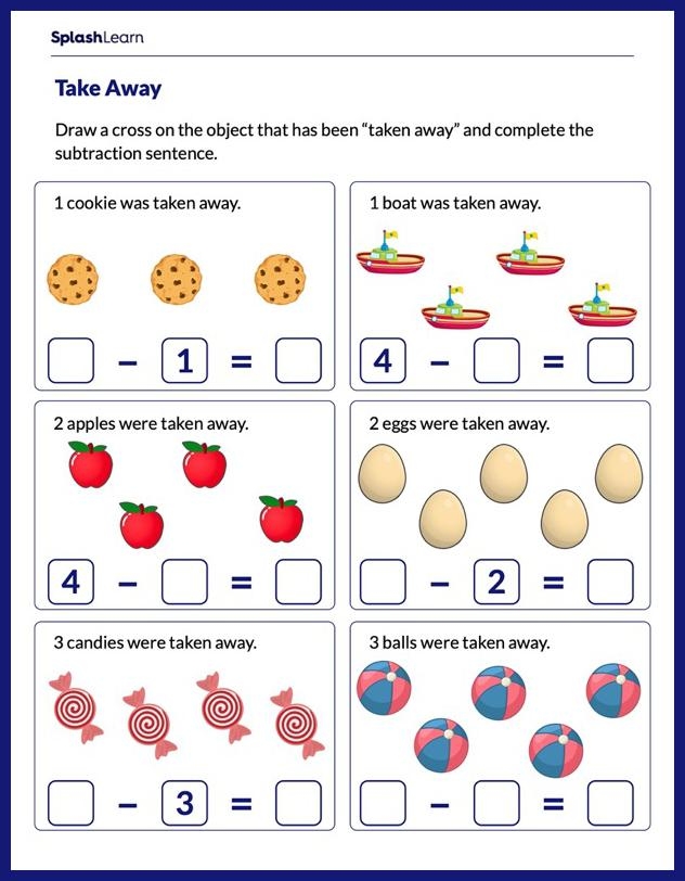 Colorful worksheet featuring preschoolers solving subtraction problems with sweets