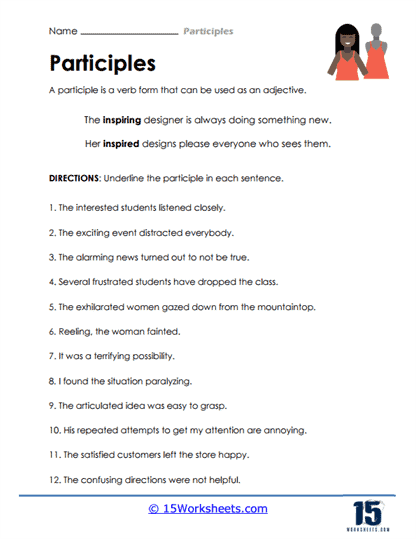Present Participle Party worksheet featuring a fun surprise party theme for second graders