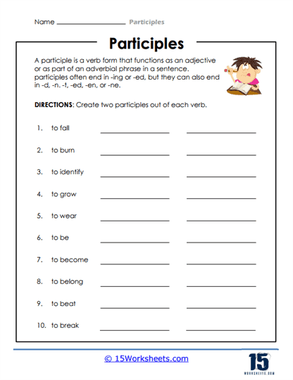 Second grade students practicing present participle verb forms with a fun surprise party themed worksheet 17