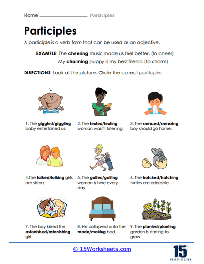 Second grade students practice identifying present participle verbs while completing a fun surprise party story worksheet