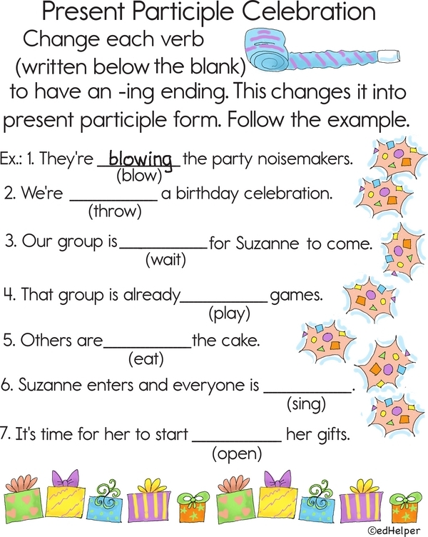 Second grade students practicing present participle verb forms with a fun surprise party themed grammar activity sheet