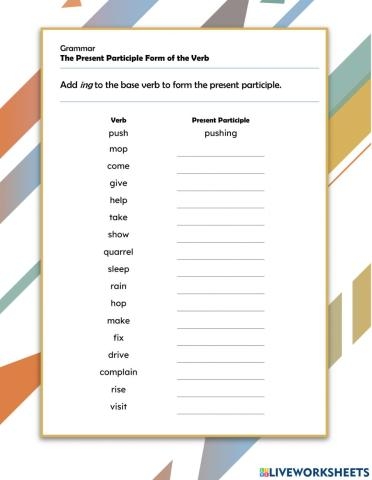 Colorful worksheet featuring a surprise party for practicing present participles