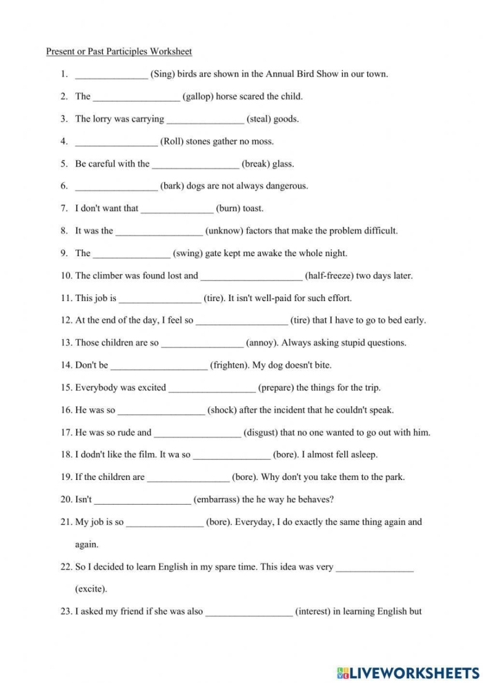 Worksheet featuring a surprise party theme for practicing present participles