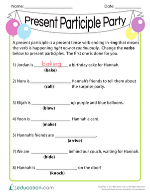 Second grade student completing a surprise party themed worksheet about present participle verbs