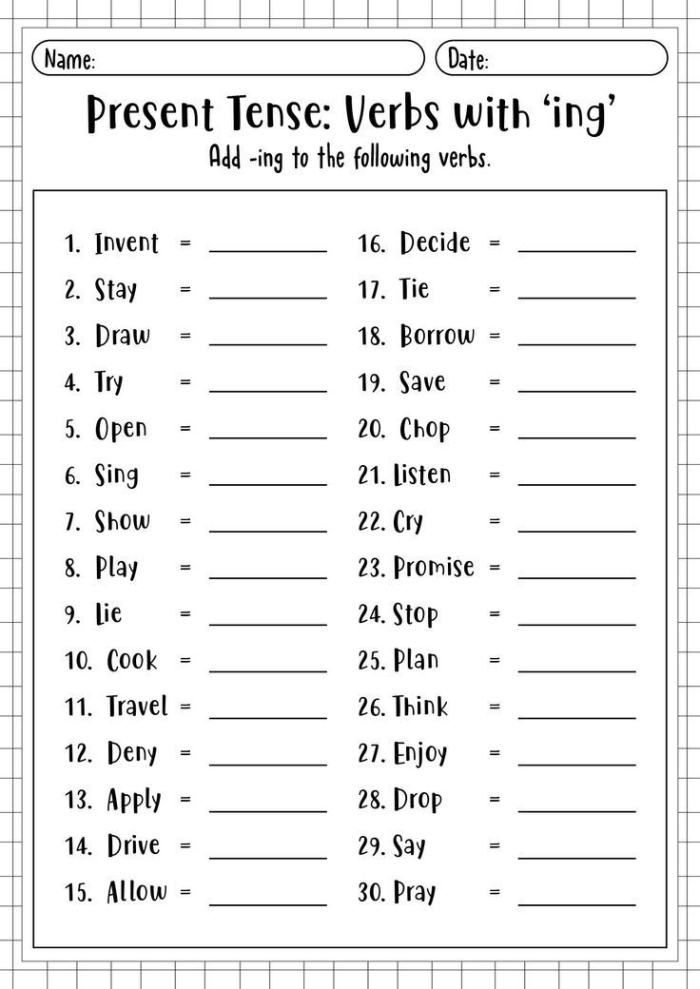 Second grade verbs with ing worksheet exercise 10 for ongoing actions Child completing sentences by adding ing to action verbs for present progressive tense practice