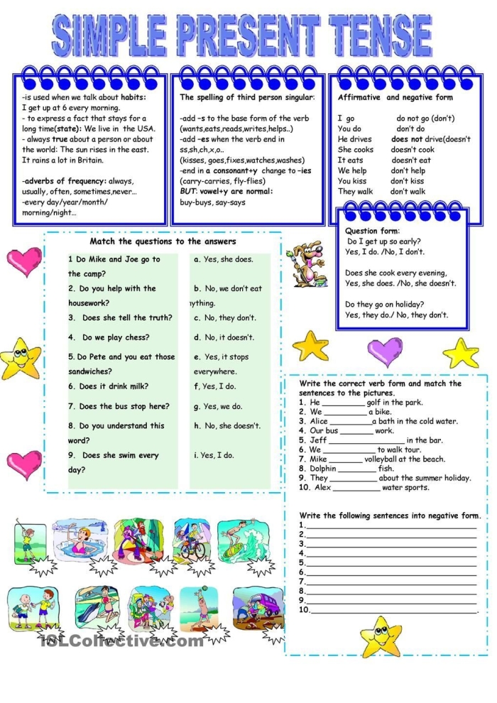 Second grade students completing a grammar worksheet about present tense verb endings