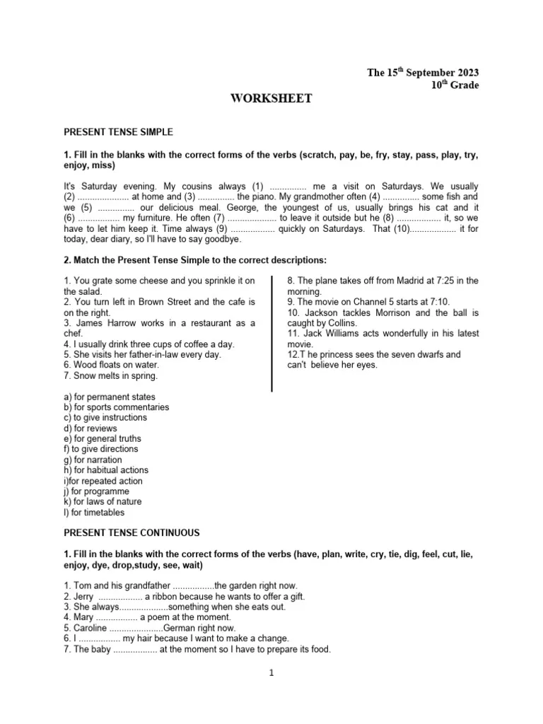 Present Tense Challenge worksheet for second graders focusing on verb endings