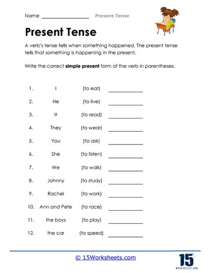 Present Tense Challenge worksheet for second graders focusing on regular verbs and verbs ending in Y