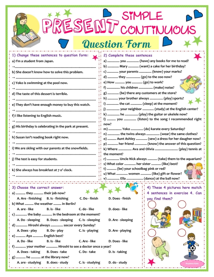 Second grade student completing a Present Tense Challenge worksheet featuring geometry shapes and regular verbs