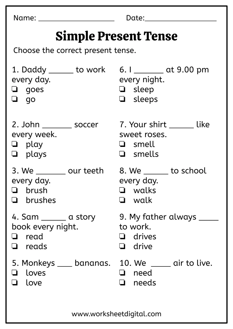 Second grade students practicing third person singular present tense verb endings on a challenge worksheet