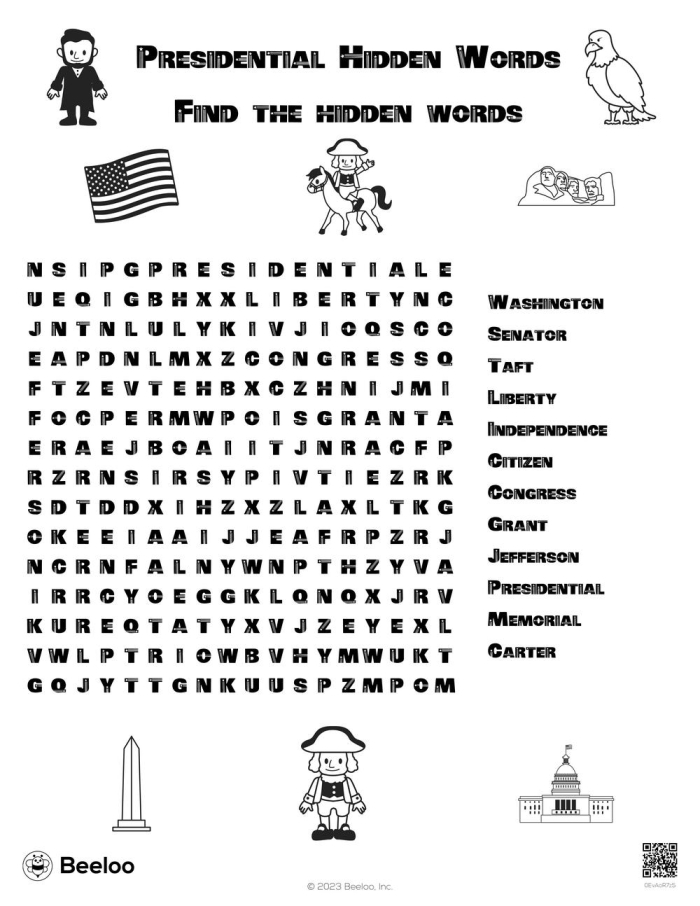 Second grade students completing an election-themed word search puzzle with presidential and historical vocabulary words