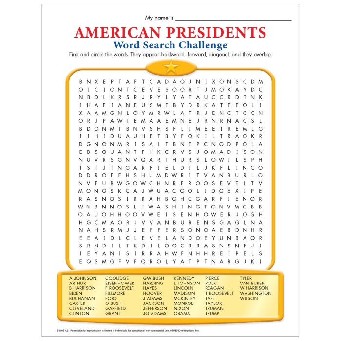 Second grade student working on a presidential word search worksheet featuring election terminology