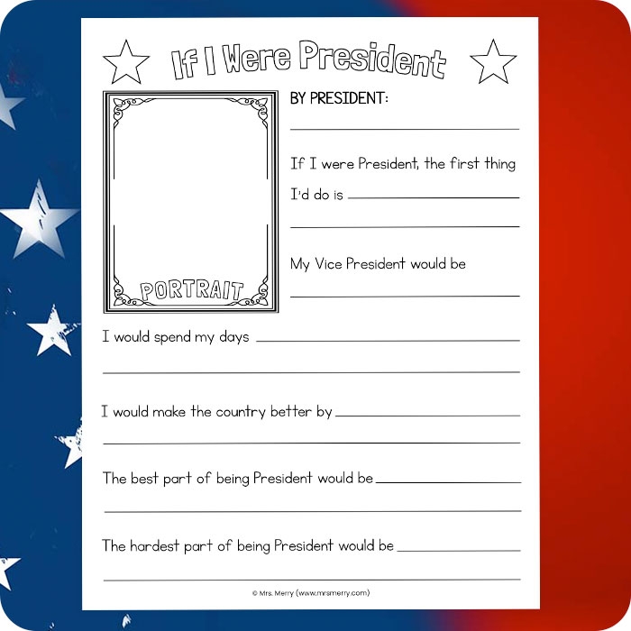 Second grade student worksheet for writing a letter to the president with fill in the blank prompts