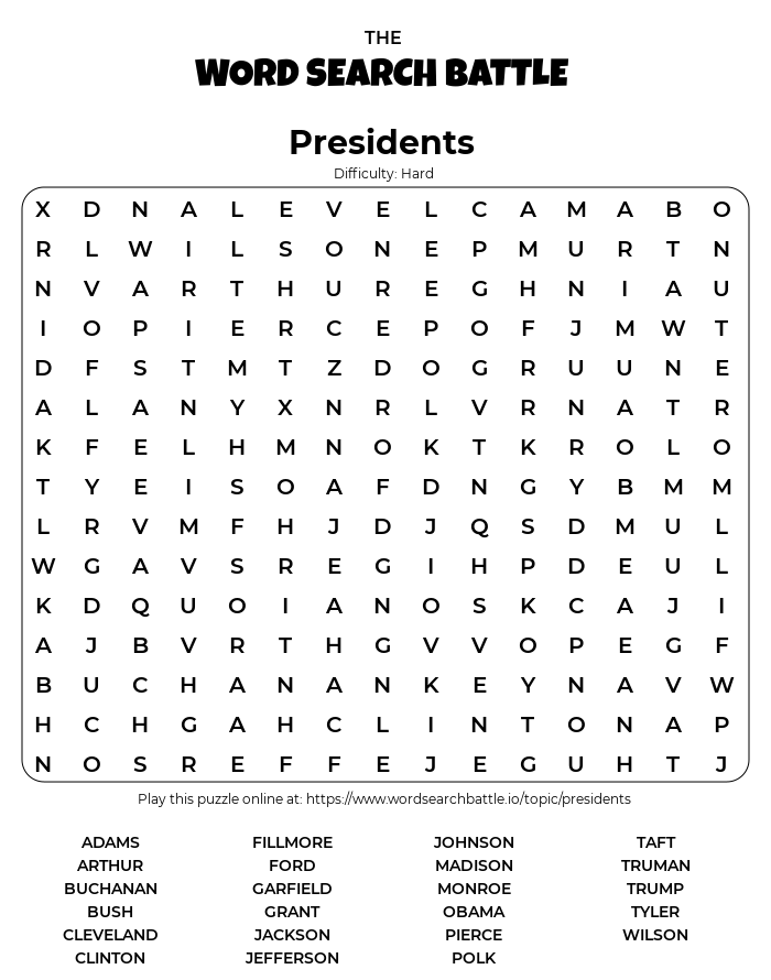 Second grade students solving a presidential word search puzzle with election-themed vocabulary words hidden in a grid