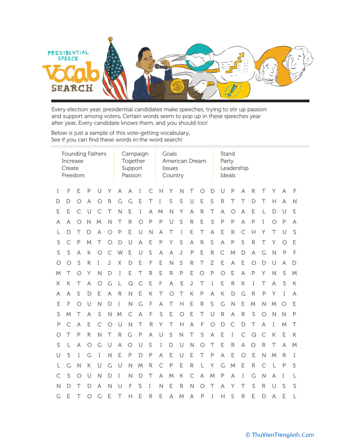Second grade students completing a presidential word search puzzle with election-themed vocabulary words hidden in a grid