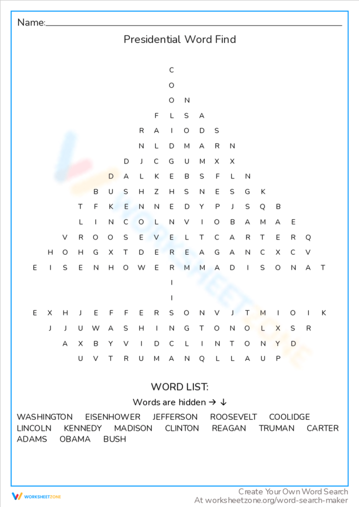 Second grade students completing a presidential word search puzzle with election-themed vocabulary words hidden in a grid