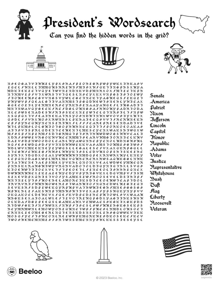 Second grade student working on a presidential word search worksheet about election history