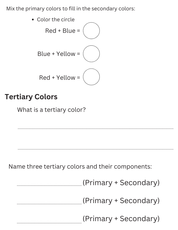 Worksheet for mixing primary colors to create secondary colors for kindergarten students