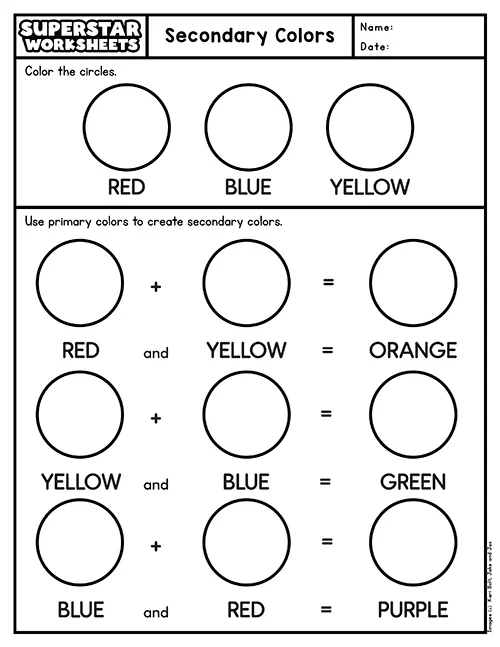 A kindergarten student uses paints to complete a primary color mixing exercise worksheet