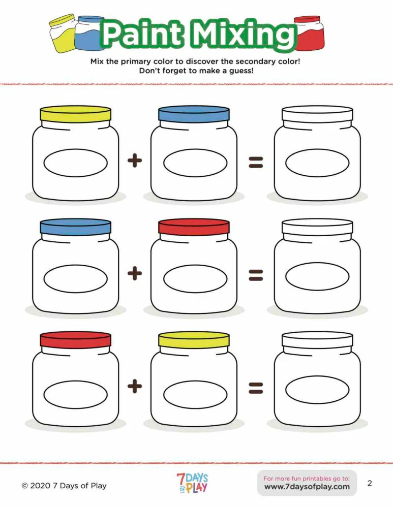 Worksheet showing how to mix primary colors to create secondary colors for kindergarten students