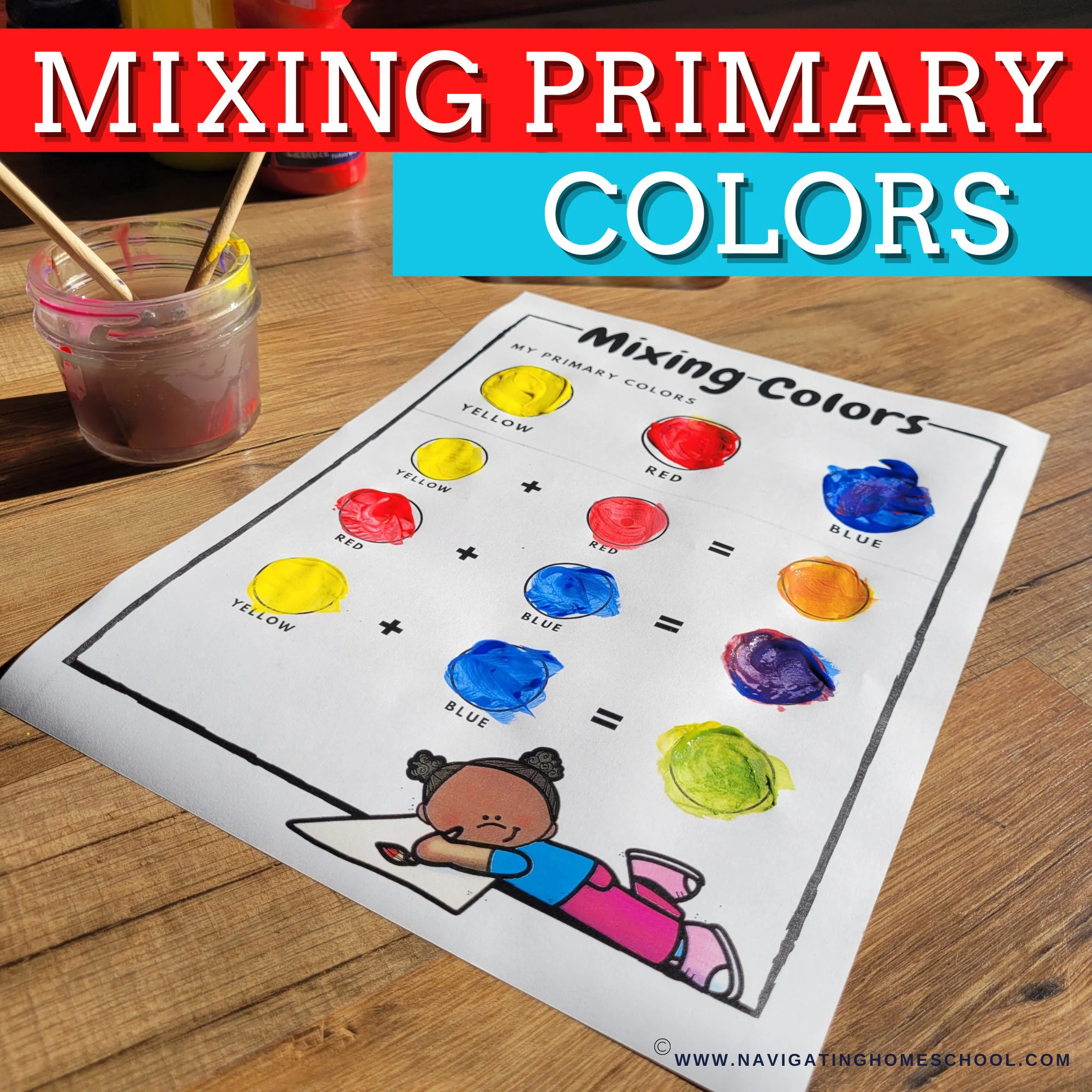 Color mixing activity worksheet for kindergarten students learning about primary and secondary colors. Engaging illustration for a Mixing Primary Colors worksheet.