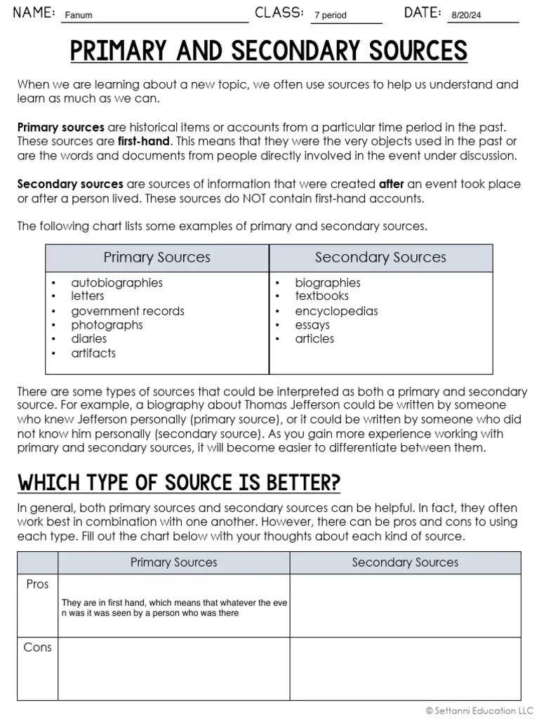 Worksheet for identifying primary and secondary sources in social studies for sixth graders