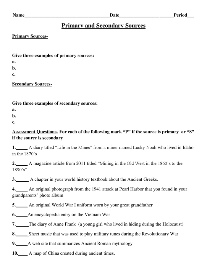 Worksheet on identifying primary and secondary sources for sixth-grade geometry. Educational resource for exploring source differences in social studies.