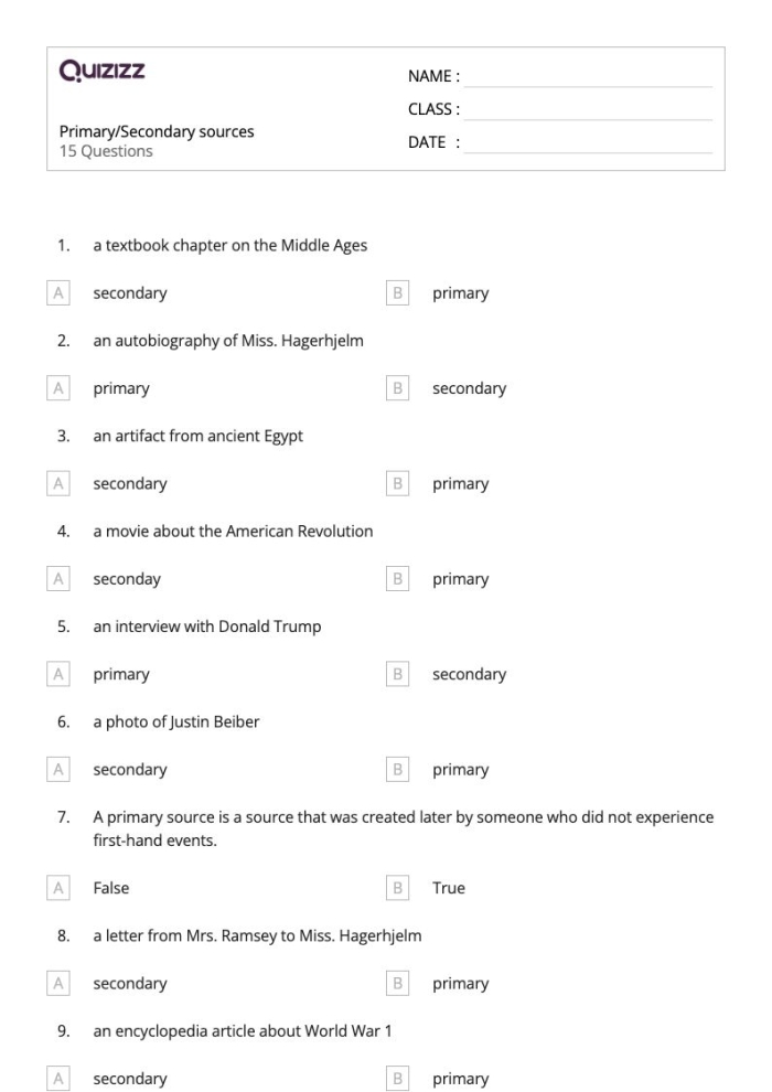Sixth grade social studies worksheet for distinguishing between primary and secondary source materials