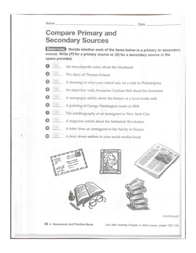 Worksheet illustrating how to identify primary and secondary sources in social studies for sixth graders