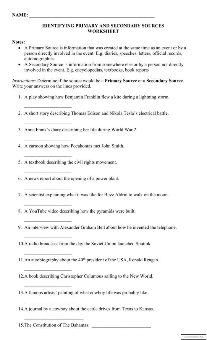 Worksheet illustrating the differences between primary and secondary sources for sixth graders