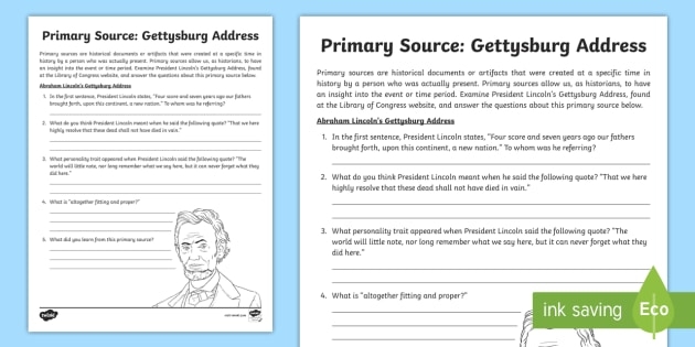 Primary Source Analysis worksheet featuring Lincoln's Gettysburg Address for sixth-grade students