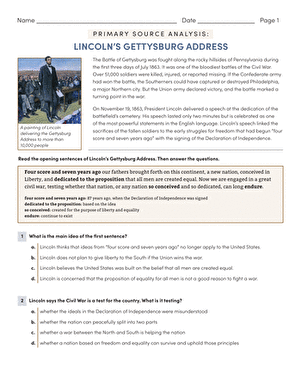 Primary Source Analysis worksheet featuring Lincoln's Gettysburg Address for sixth graders