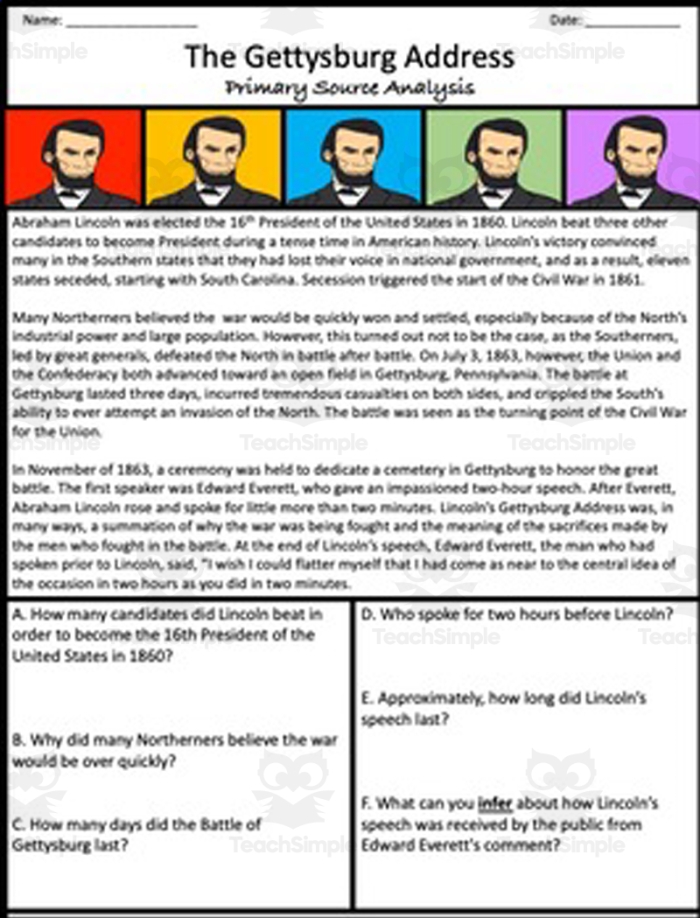 Students analyzing Lincoln's Gettysburg Address on a worksheet