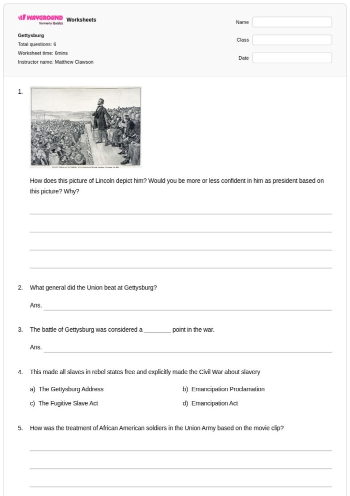 Worksheet on analyzing Lincoln's Gettysburg Address for sixth graders