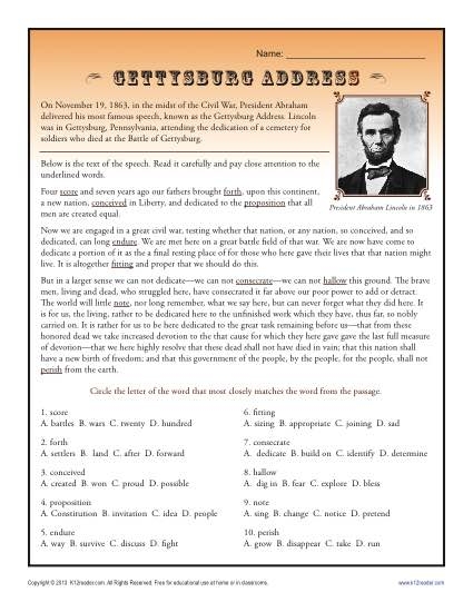 Students engaged in analyzing Lincoln's Gettysburg Address on a worksheet