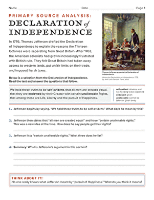 Analysis worksheet for the Declaration of Independence aimed at sixth graders. Educational resource for primary source exploration in social studies.
