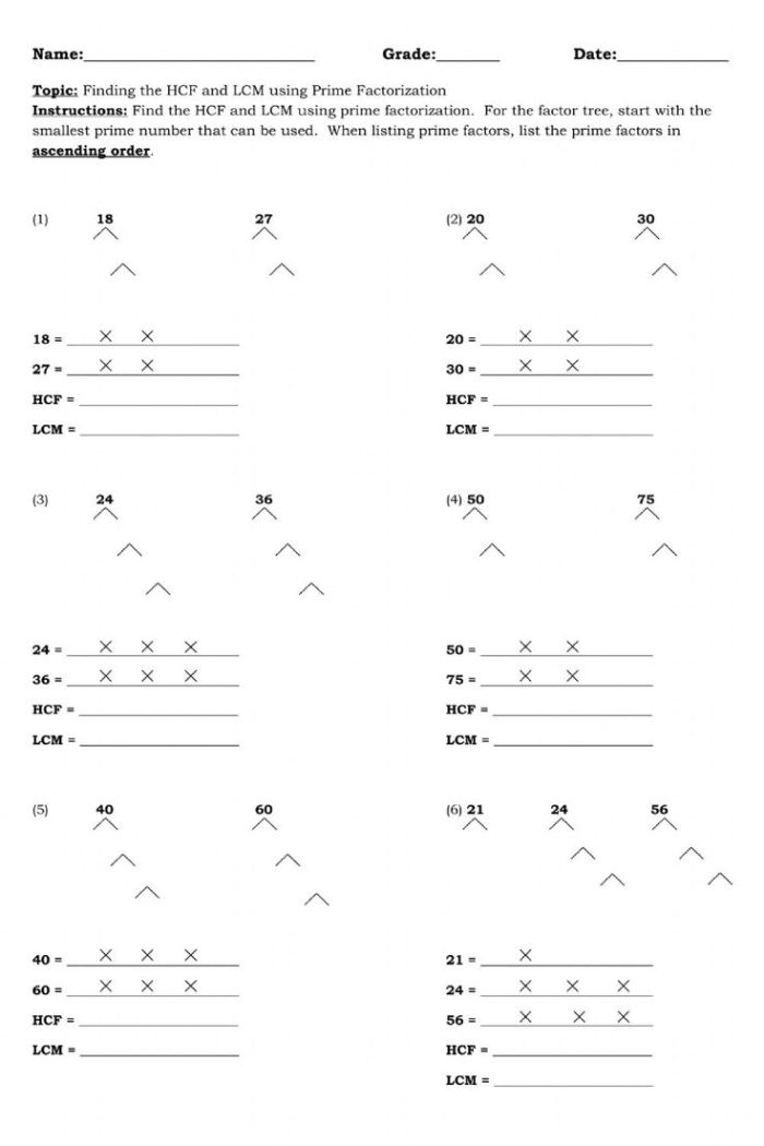 Prime Factorization Math Practice Sheet 23 Sixth grade math worksheet focused on practicing prime factorization techniques
