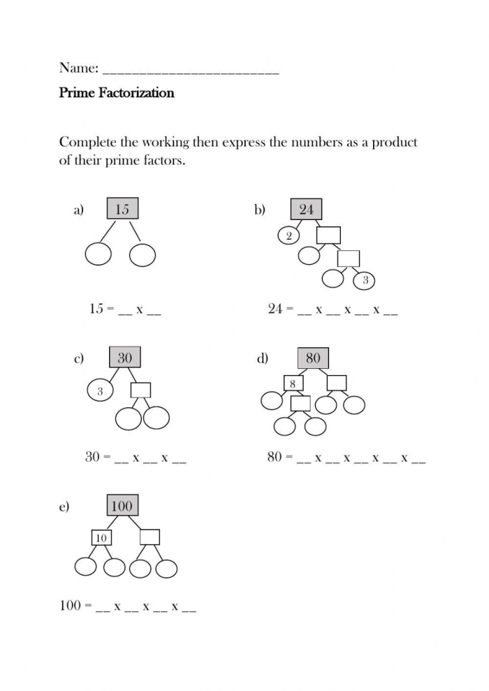 Educational resource featuring prime factorization problems for sixth-grade math learners Prime Factorization worksheet designed for sixth-grade students to enhance their number theory skills
