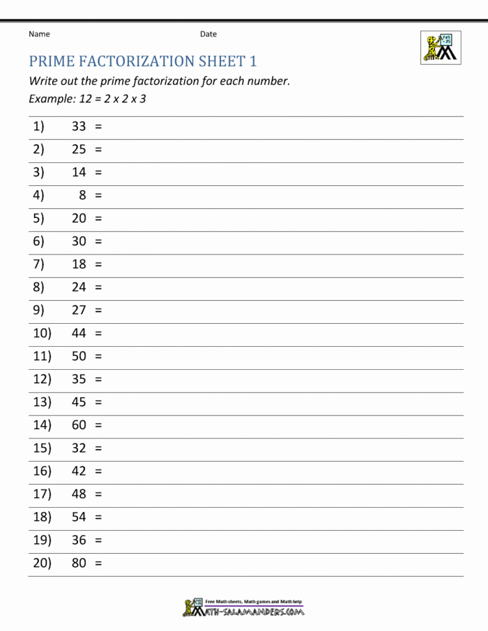 Prime Factorization Practice Worksheet for Sixth Grade Math Sixth grade math worksheet featuring practice problems on prime factorization for students