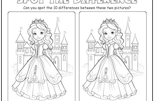 Princess Find the Differences worksheet featuring a prince and princess for kindergarten subtraction practice